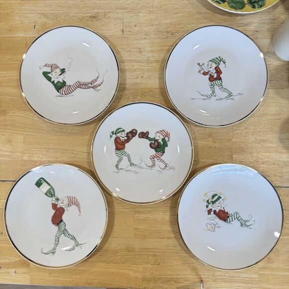 Restoration Hardware Naughty Elf Set 5 Appetizer Salad Plates Vintage Christmas - Picture 2 of 12